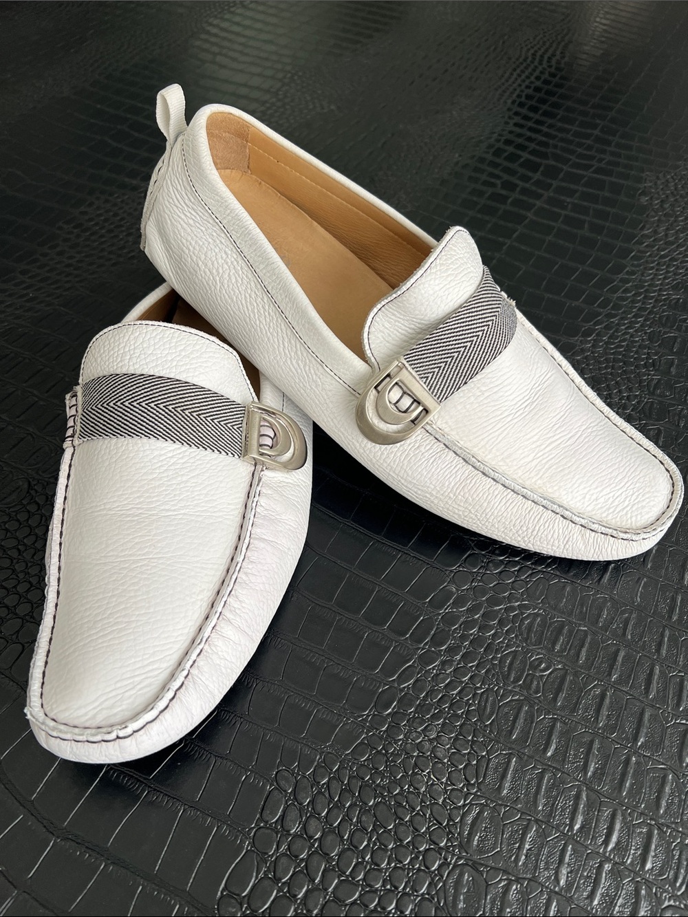 Donald Pliner Men's White Leather Slip-On Loafers with Silver Accent